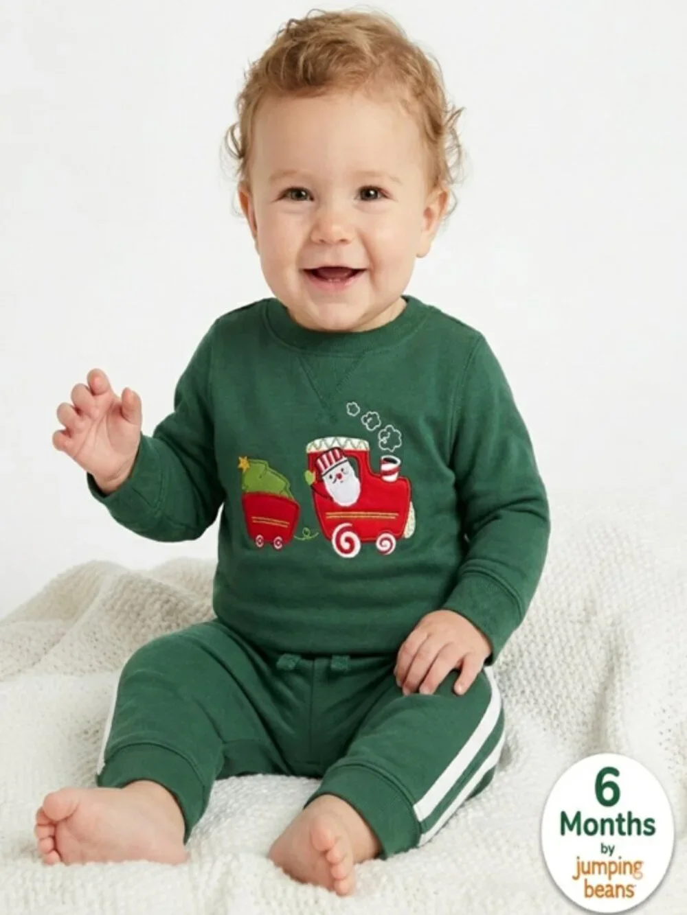 Jumping Beans Baby Santa Train Sweatshirt & Striped Pants Set 6M Hunter Green